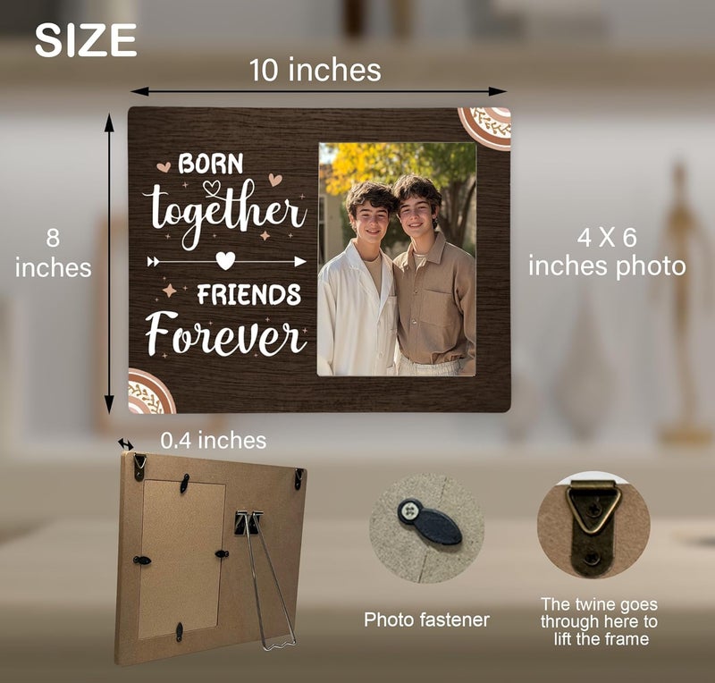CAIFZ Born Together Friends Forever Boho Picture Frame, Twins New Baby Wooden Photo Frame, 4x6 inch Photo - Image 3